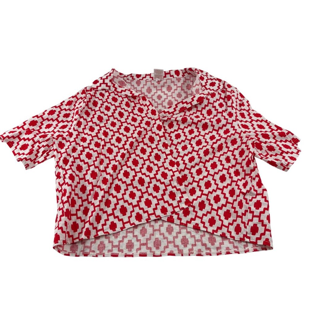 Shade & Shore Women's Red White Short Sleeve Blouse Large Cropped